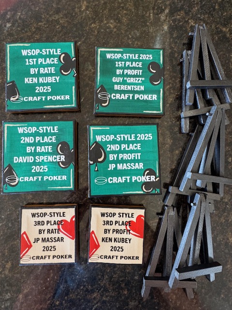 Six small hand-painted awards each with name and rank