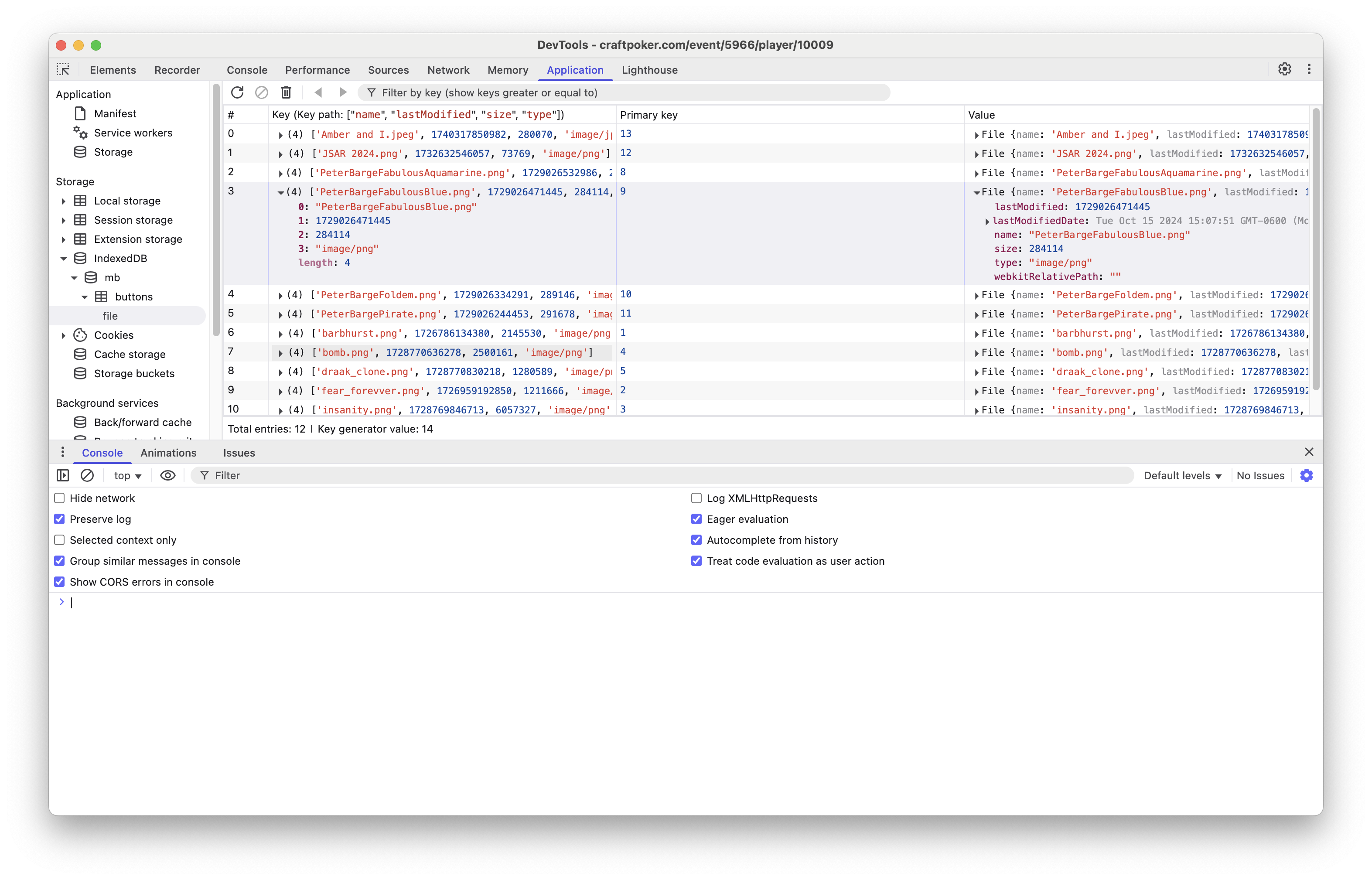 The browser's development panel exposing the IndexedDB button contents