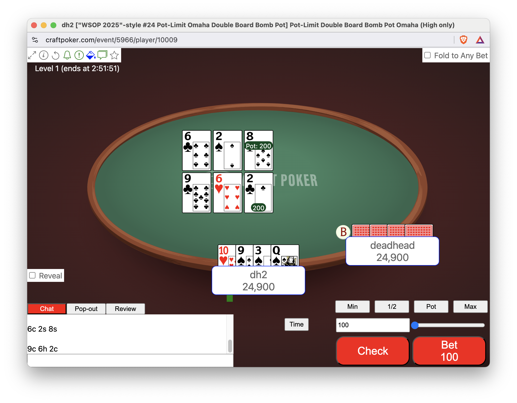 The player "deadhead" has A circular dealer button with a red B on it