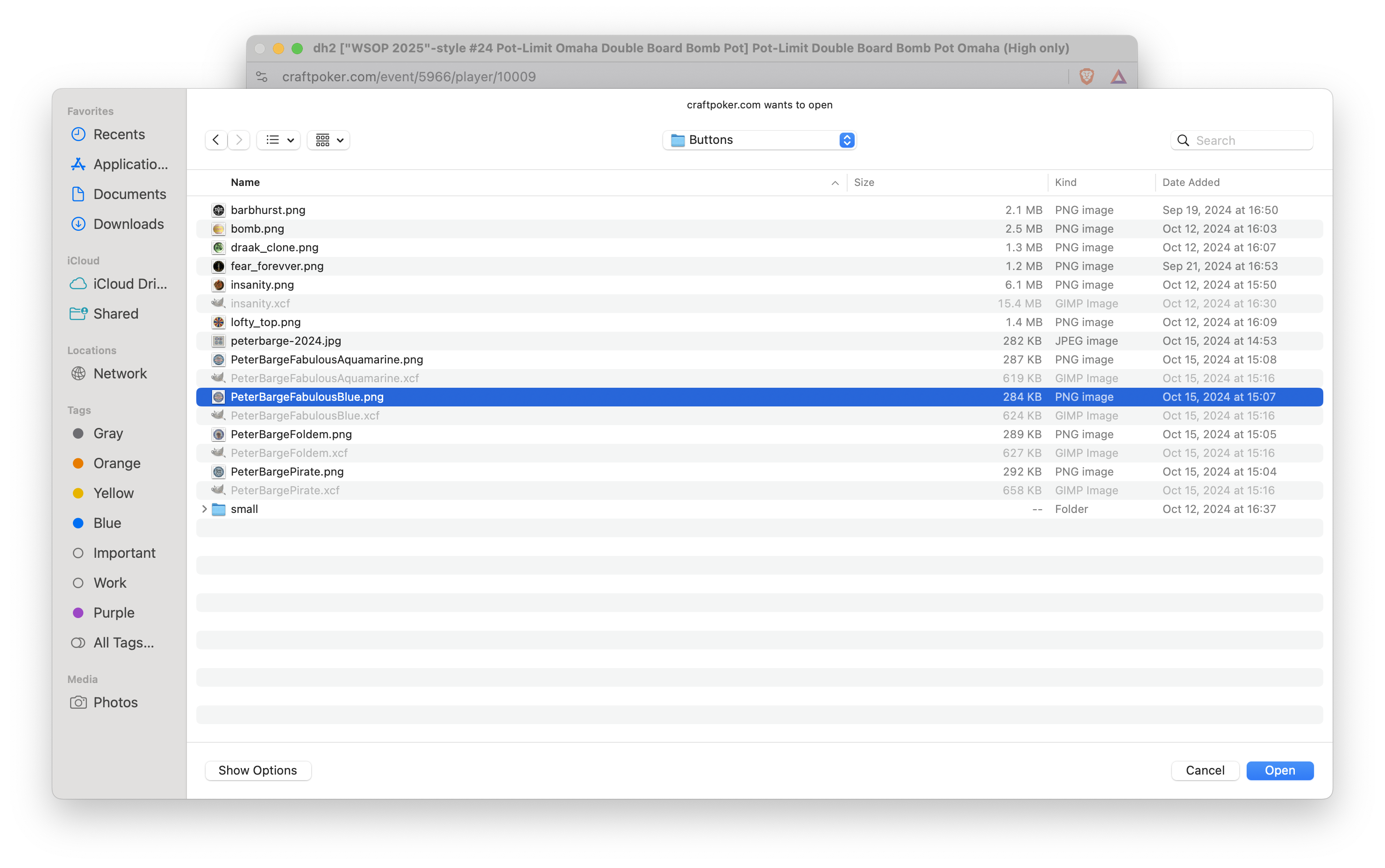 The browser's file picker, with a PNG selected